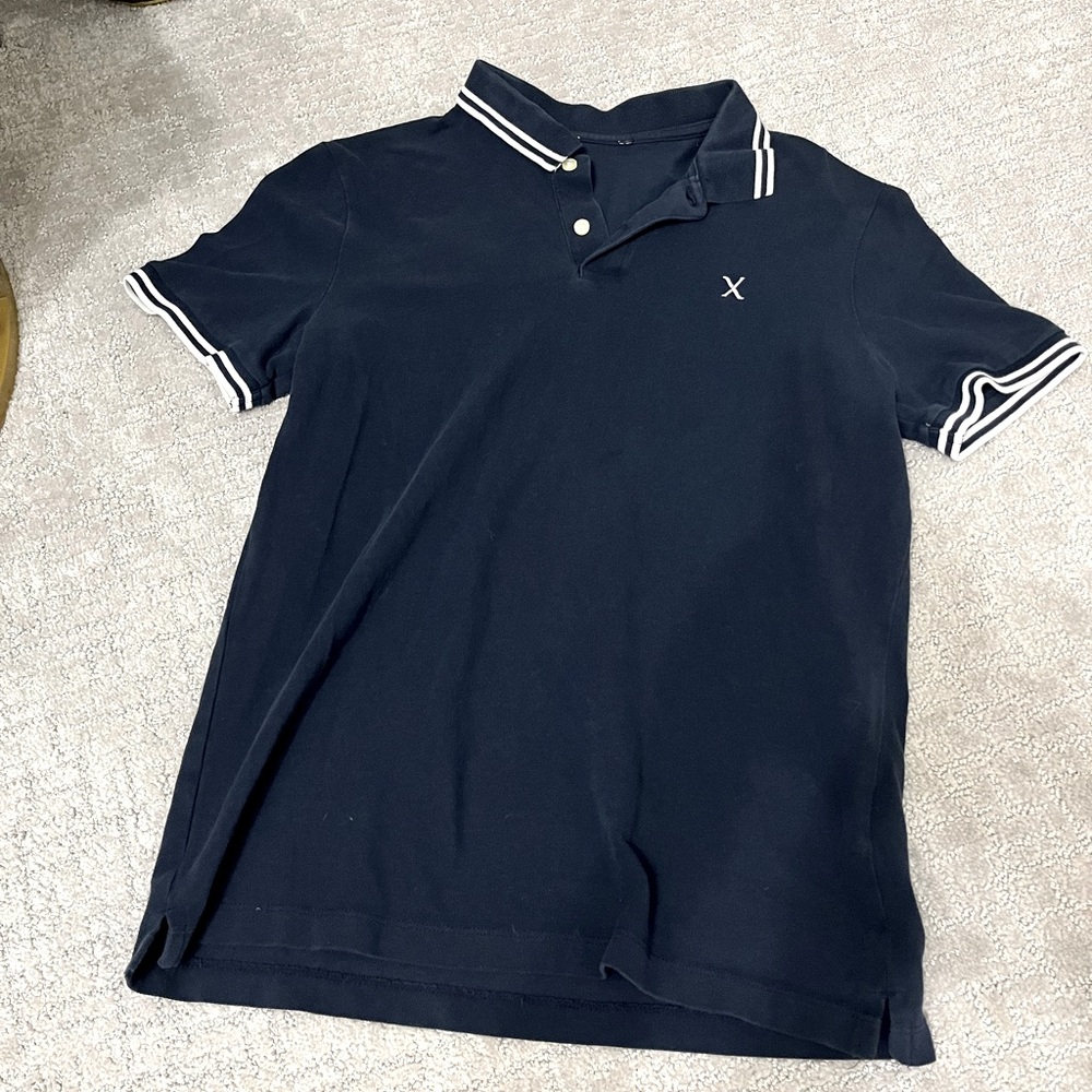 Express X Mens Polo Size Small S CHECK MEASUREMENTS navy striped blue